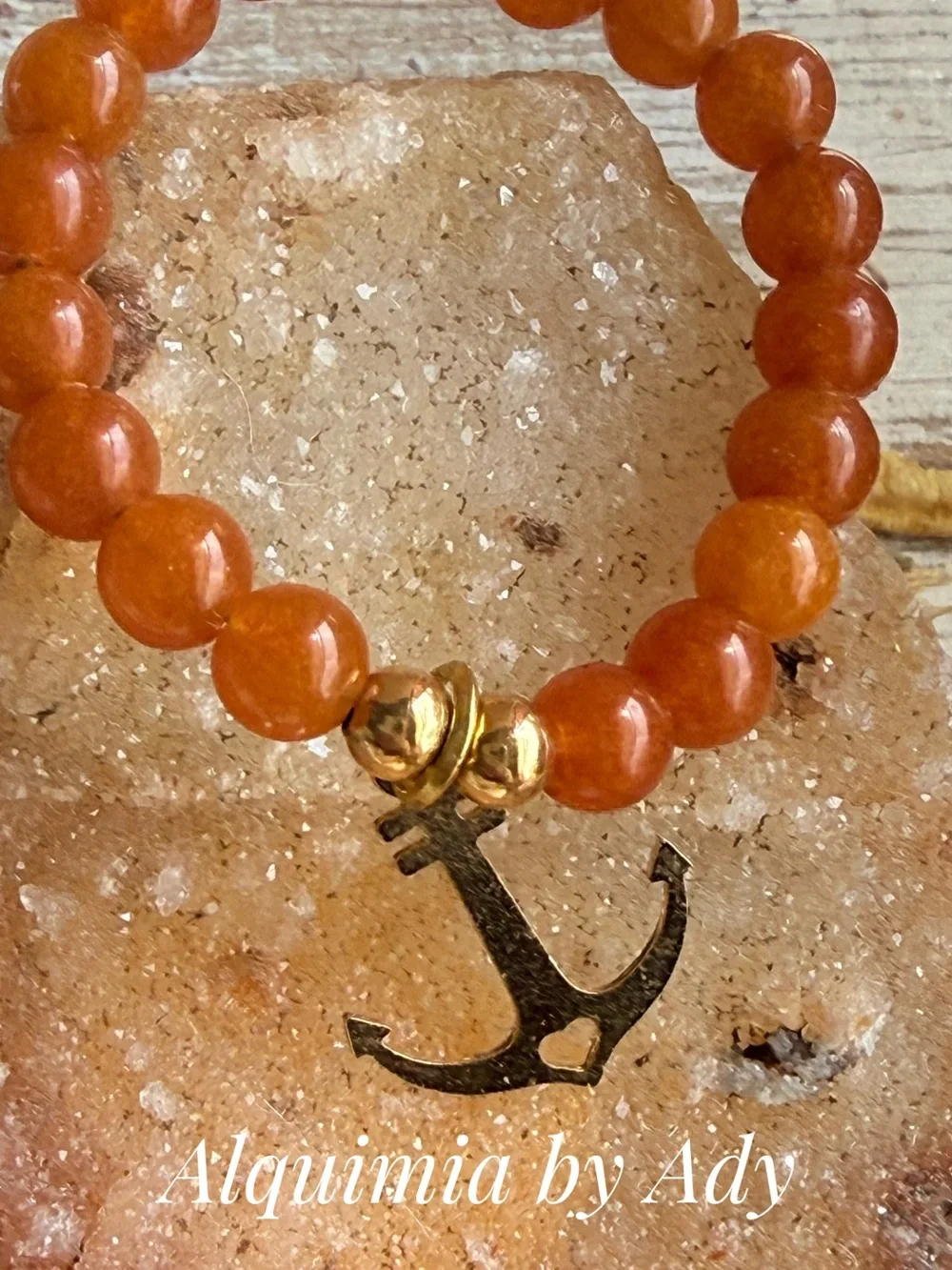 Warm Orange carnelian Beaded Ring with Gold Anchor Accent